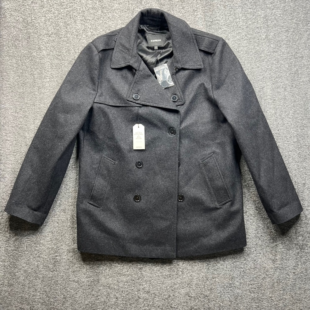 Express Pea Coat Mens Large Charcoal Grey Recycled Wool Blend